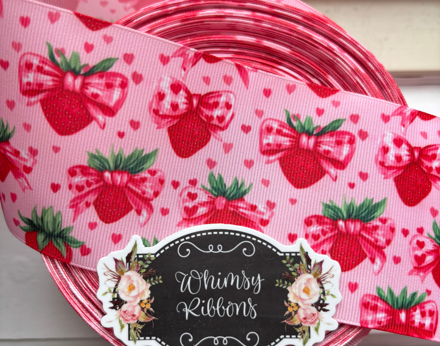 2 INCH - STRAWBERRIES WITH PINK BOWS  PRINT   - 1 yard
