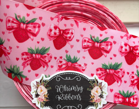 2 INCH - STRAWBERRIES WITH PINK BOWS  PRINT   - 1 yard