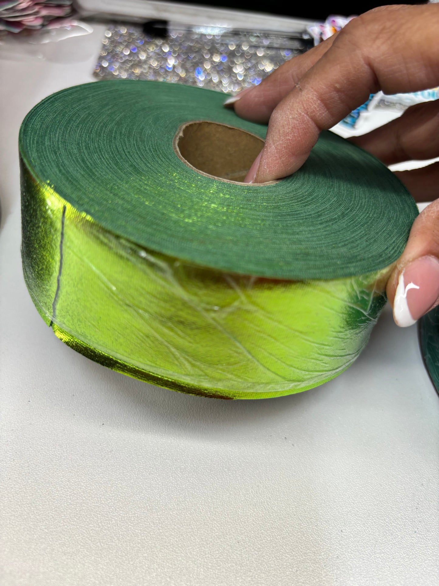1.5 inch APPLE GREEN METALLIC  ribbon BIAS 25 yards