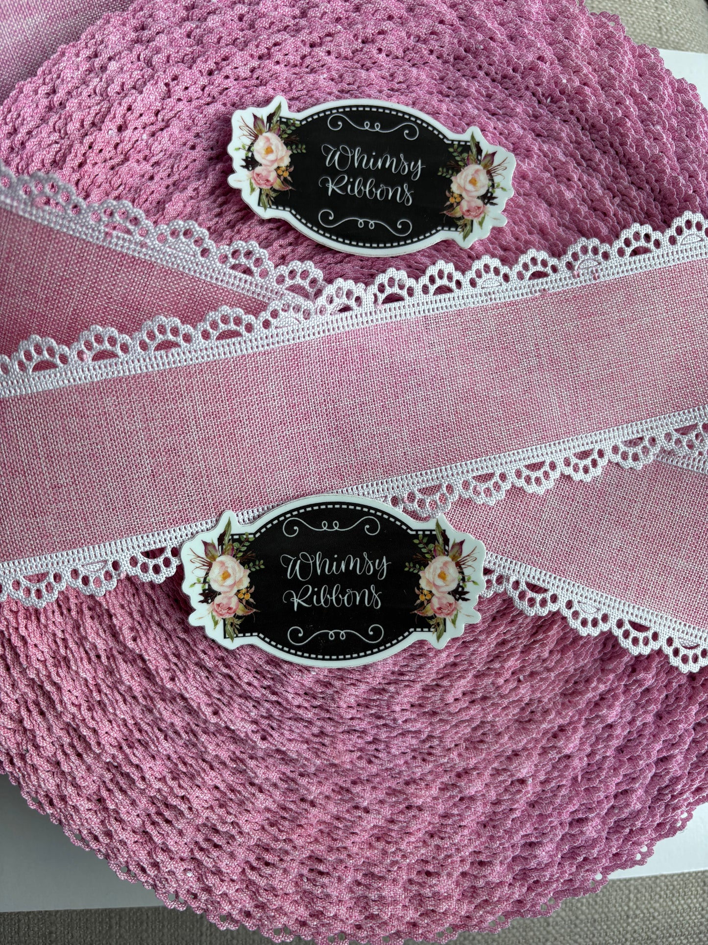 2.5 inch  PINK W WHITE COLOR THICK ** SCALLOPED LACE RIBBON NO WIRE