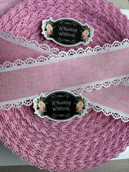 2.5 inch  PINK W WHITE COLOR THICK ** SCALLOPED LACE RIBBON NO WIRE