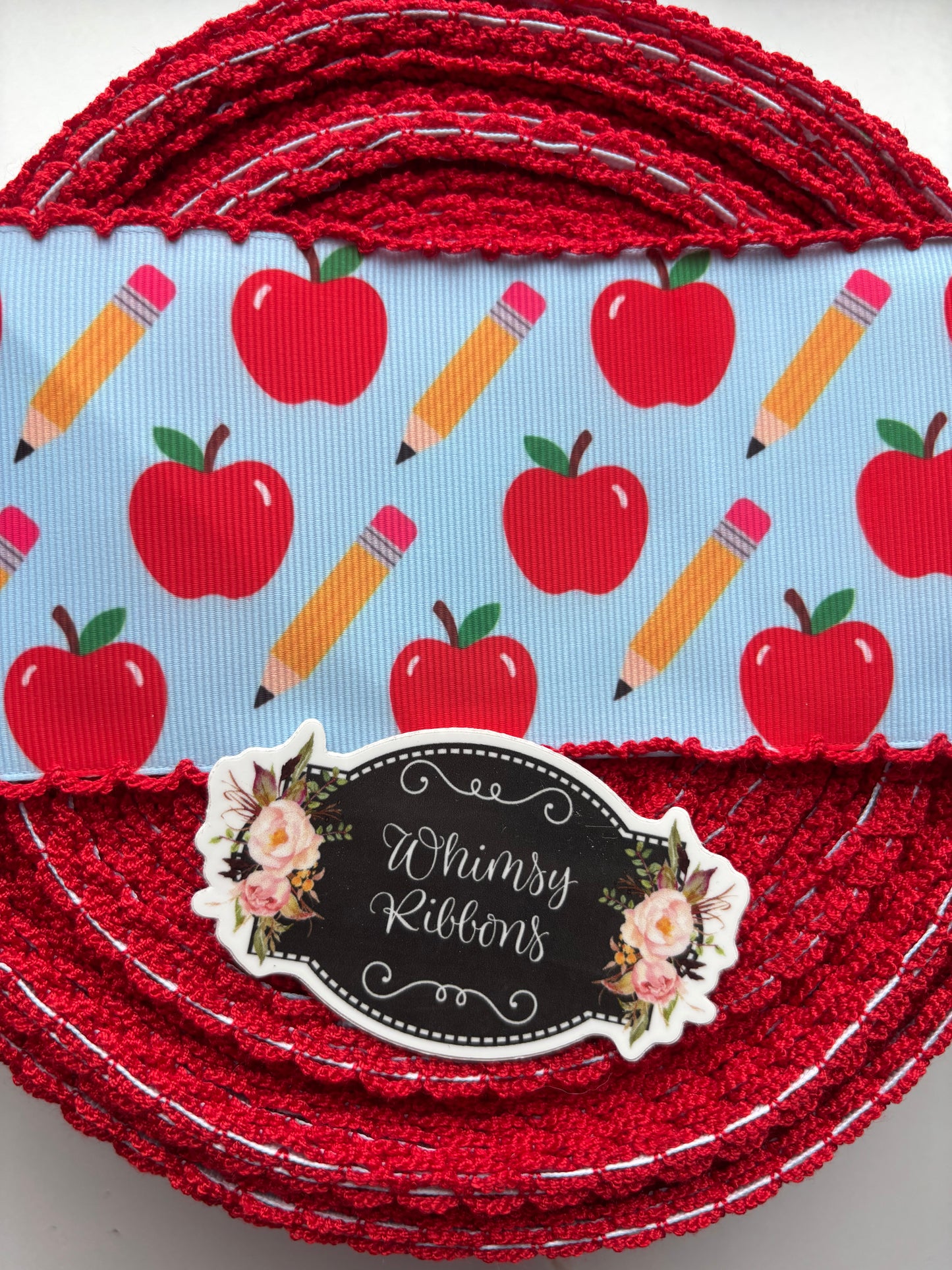 1.5 INCH  APPLES W PENCIL W RED STITCHING  RIBBON -1 yard