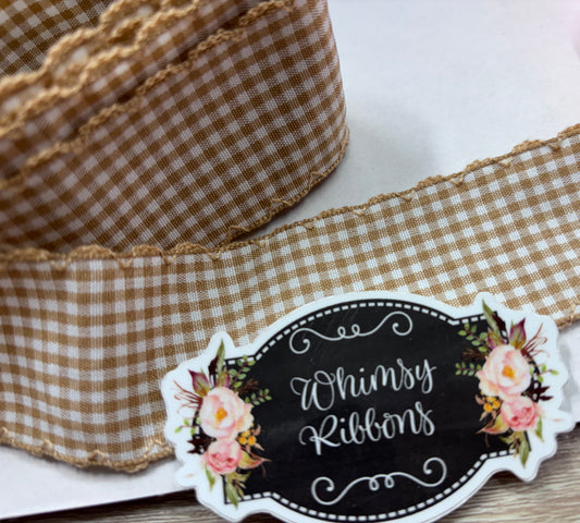 1.5 INCH KHAKI GINGHAM PRINT STITCHING   RIBBON -1 yard