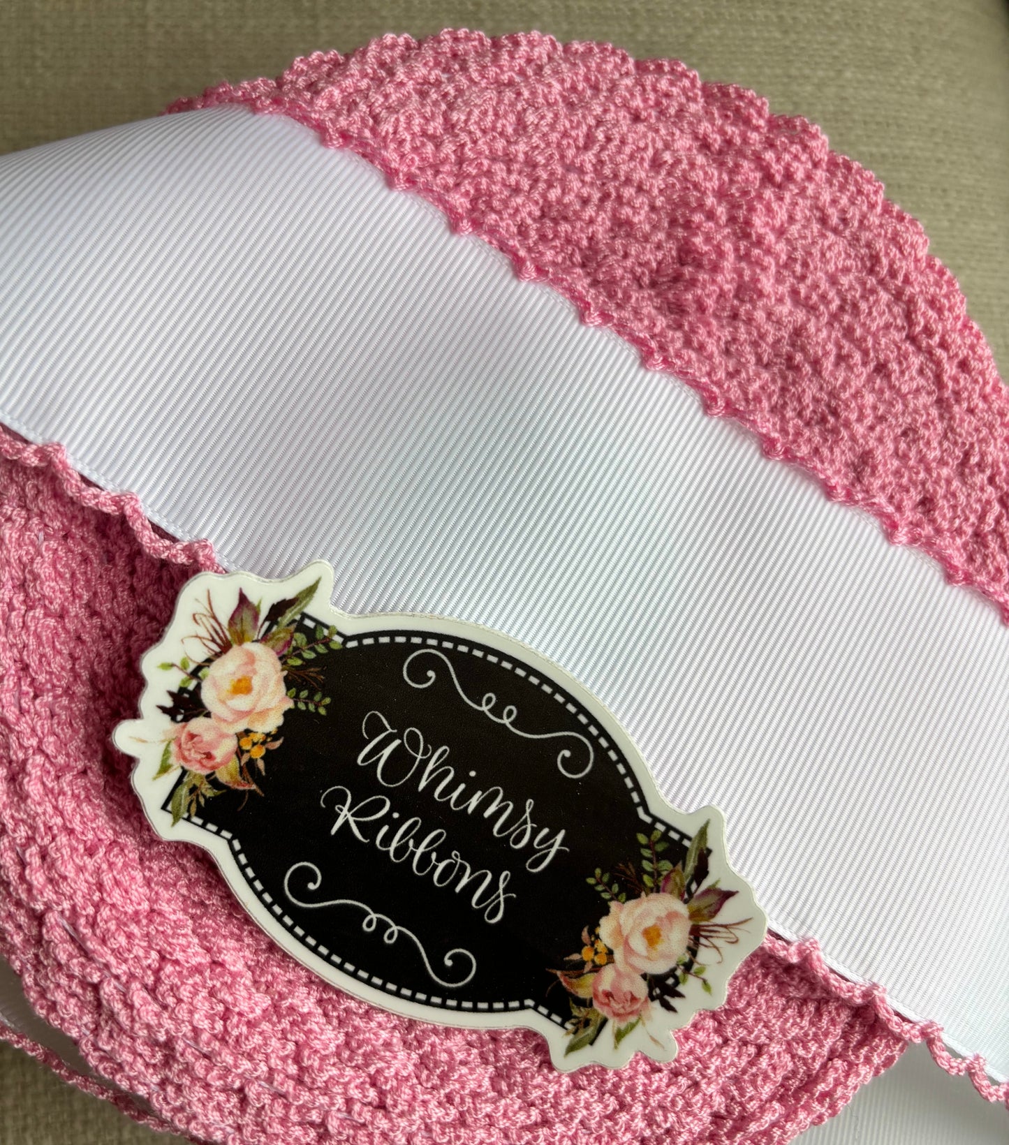 2.25 INCH WHITE W GERANIUM PINK  MOONSTITCH ribbon - sold by the yard
