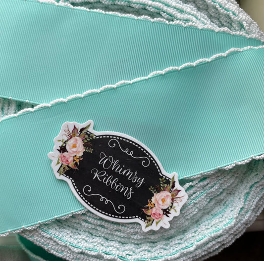 2.25 INCH AQUA W WHITE MOONSTITCH ribbon - 1 yard cut
