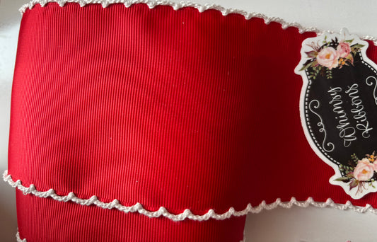 2.25 IN RED W WHITE MOONSTITCH ribbon - 1 yard cut