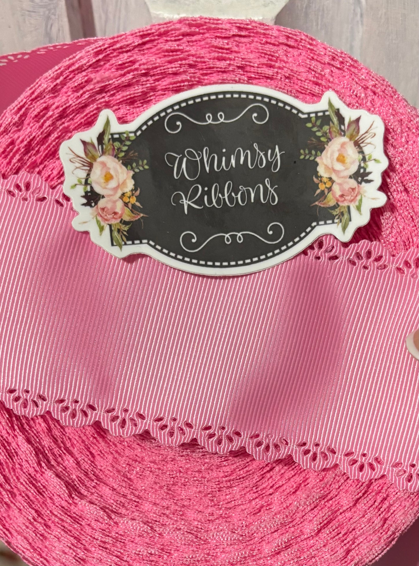 2.25 inch GERANIUM SOLID GROSGRAIN EYELET SCALLOPED TRIM RIBBON