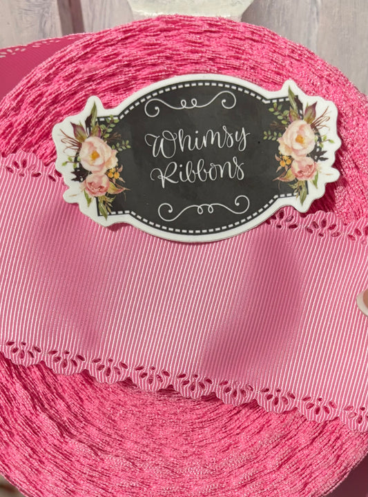2.25 inch GERANIUM SOLID GROSGRAIN EYELET SCALLOPED TRIM RIBBON