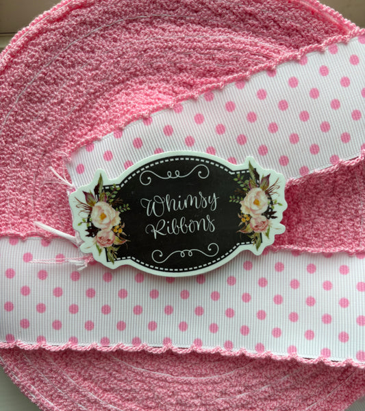 1.5 INCH PINK POLKA DOTS PRINTED WITH GERANIUM PINK STITCH  RIBBON -1 yard