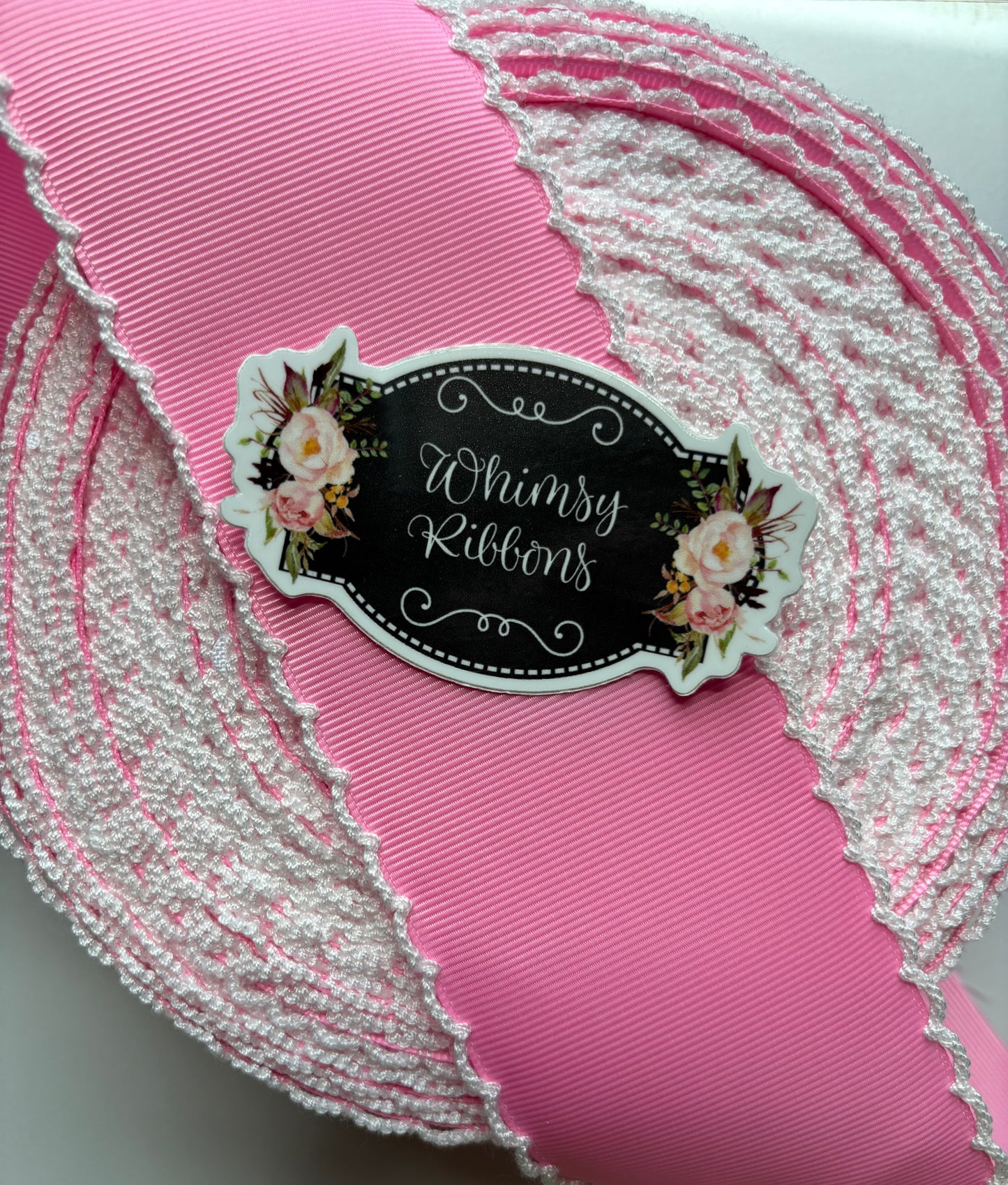 2.25 INCH GERANIUM PINK W WHITE MOONSTITCH ribbon - sold by the yard