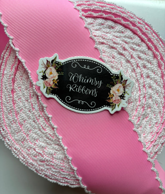 2.25 INCH GERANIUM PINK W WHITE MOONSTITCH ribbon - sold by the yard