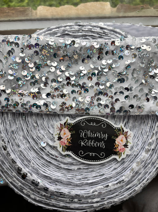 3 INCH SILVER SEQUIN ON WHITE   - 1 yard - 36  inches ***