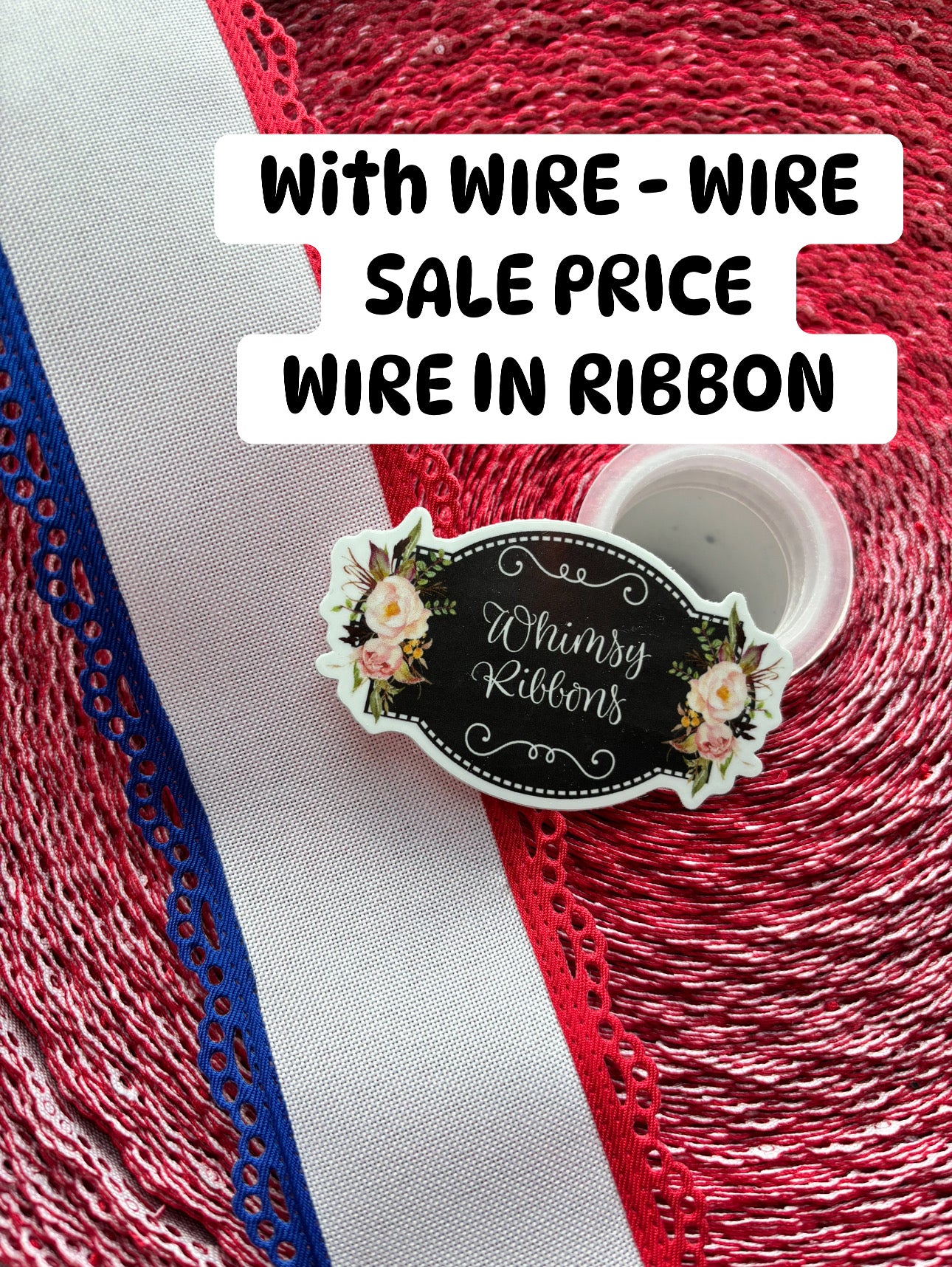 1.5 inch WIRE WHITE W RED AND BLUE SCALLOPED LACE TRIM RIBBON w WIRE - WIRE IN RIBBON