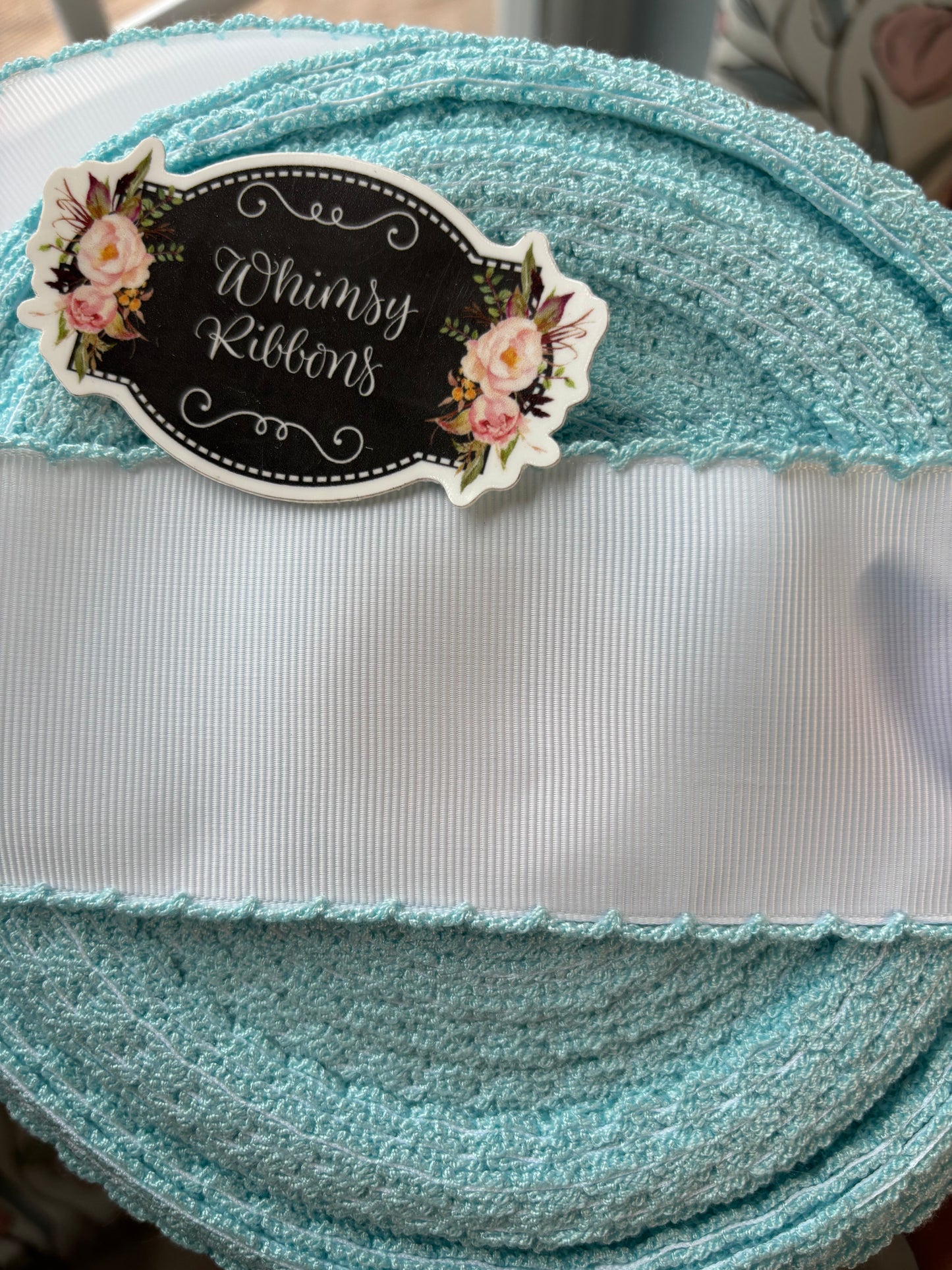 2.25 INCH WHITE WITH LIGHT BLUE TRIM MOONSTITCH ribbon - 1 yard cut