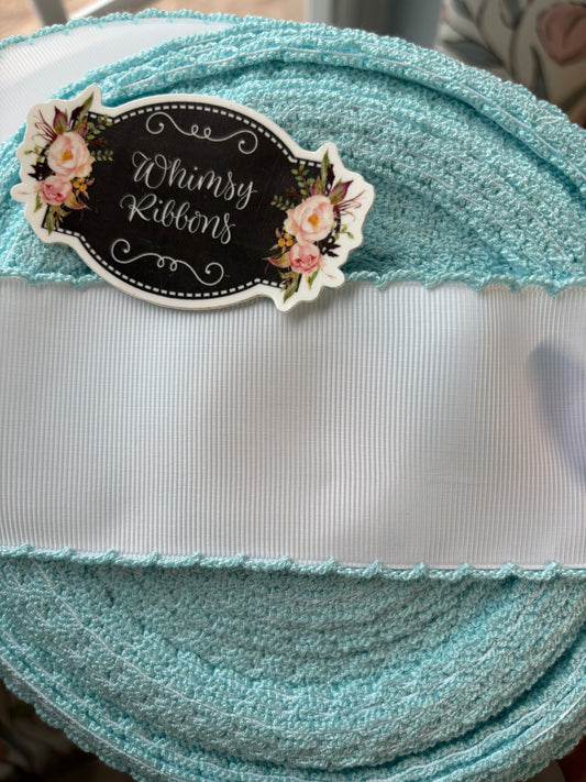 2.25 INCH WHITE WITH LIGHT BLUE TRIM MOONSTITCH ribbon - 1 yard cut