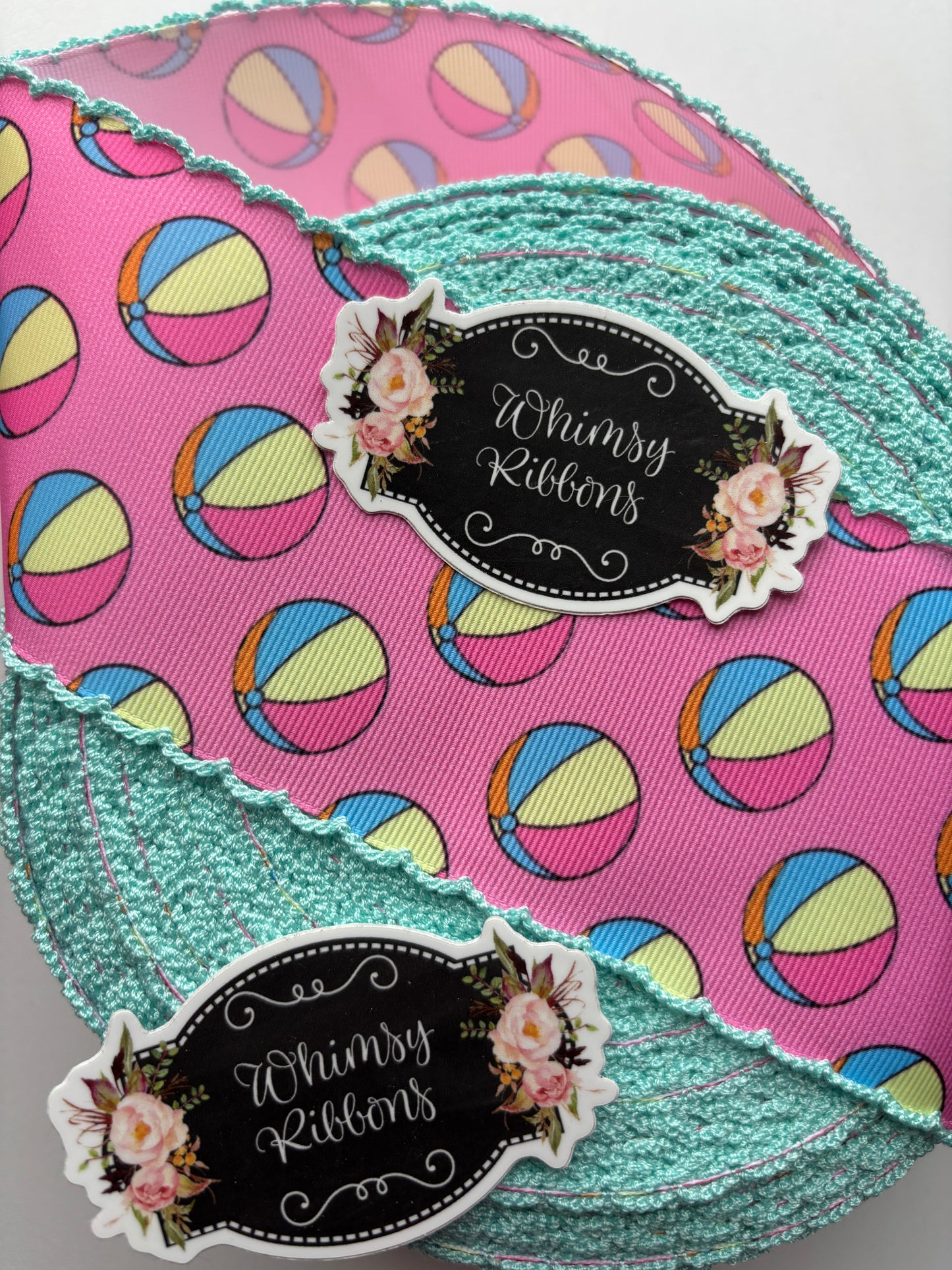 2 inch BEACHBALLS W AQUA STITCHING  RIBBON -1 yard