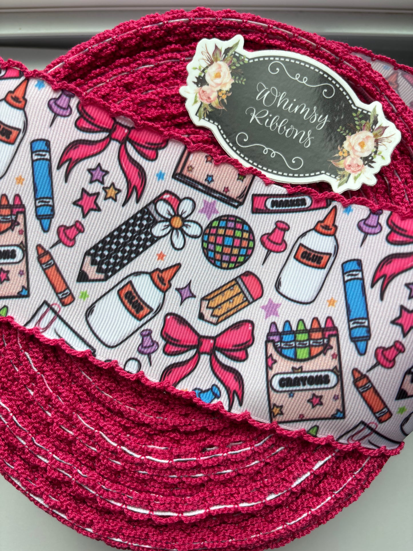 2 inch SCHOOL SUPPLIES W SHOCKING PINK STITCHING  RIBBON -1 yard