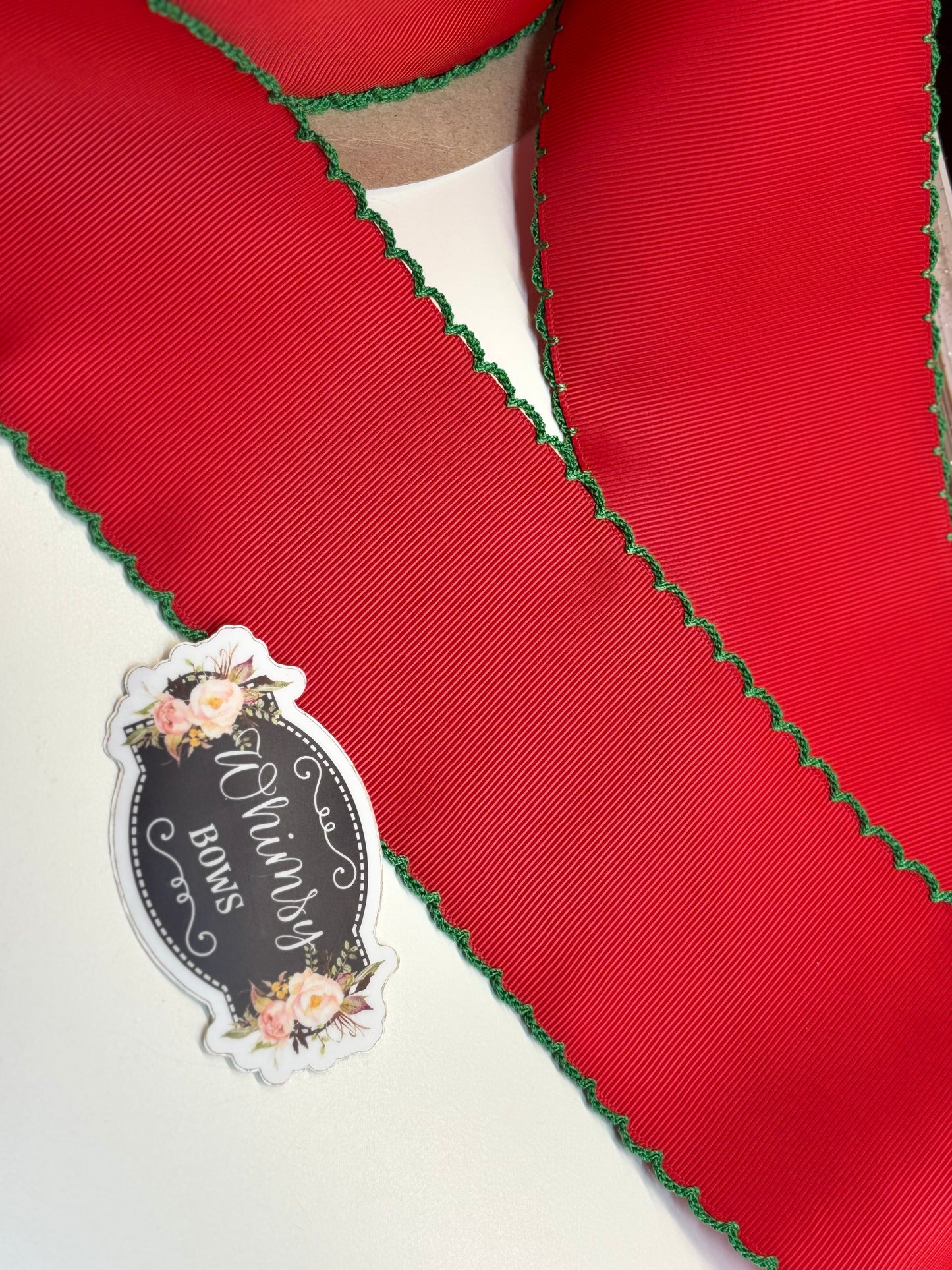 2.25 inch RED W GREEN MOONSTITCH ribbon - 1 yard cut