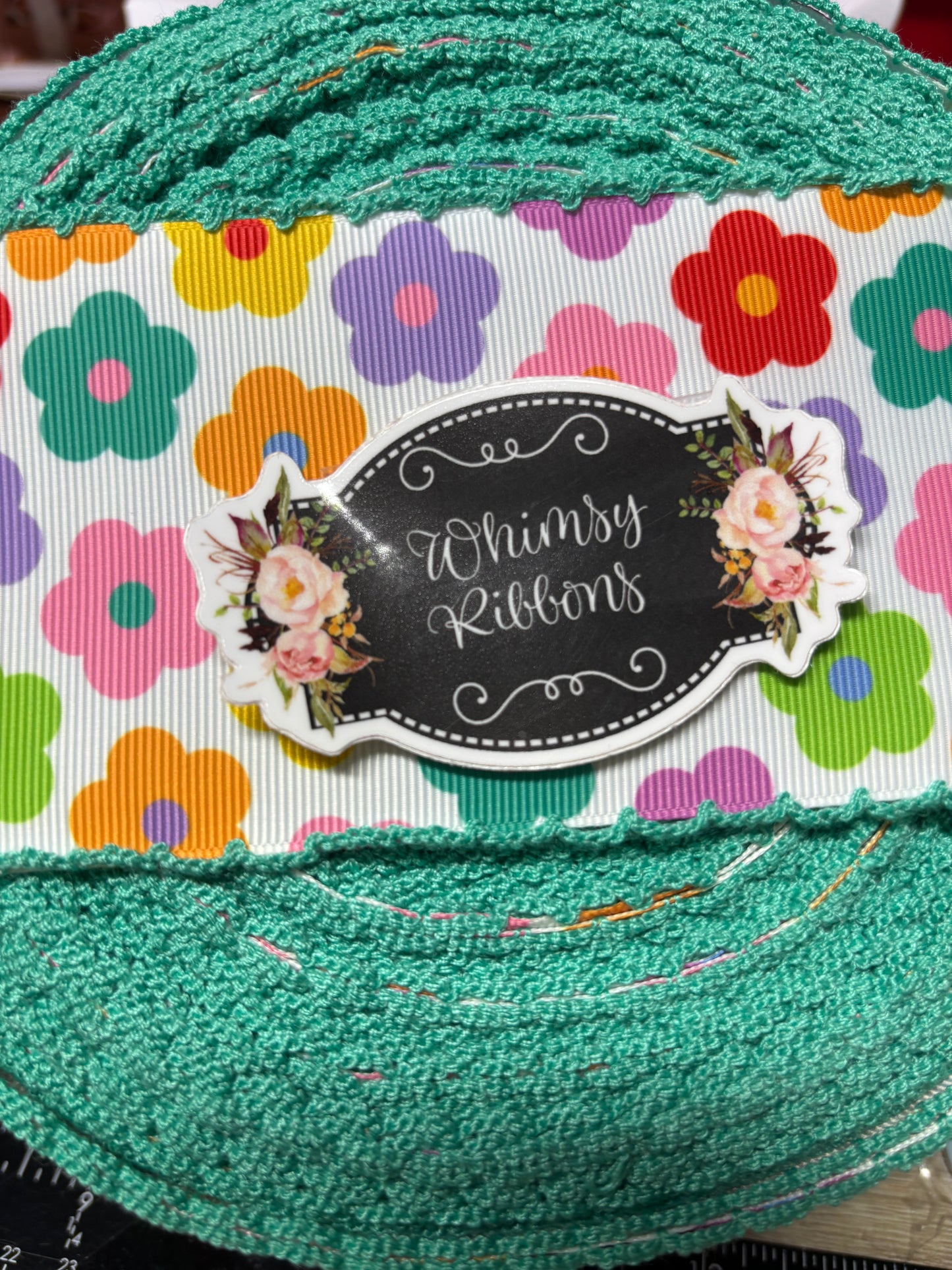 2 INCH FLORAL W AQUA STITCHING