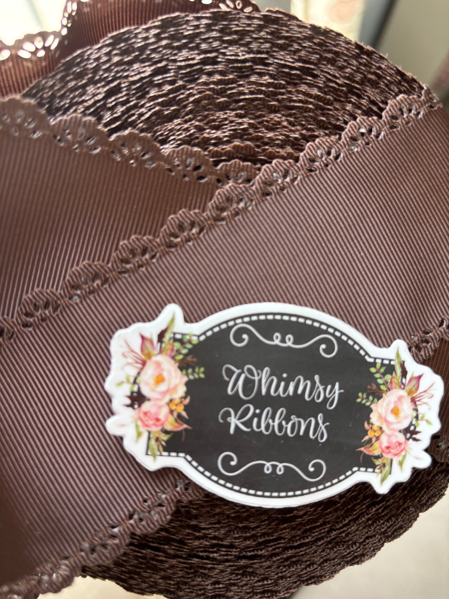 2.25 inch BROWN SOLID GROSGRAIN EYELET SCALLOPED TRIM RIBBON