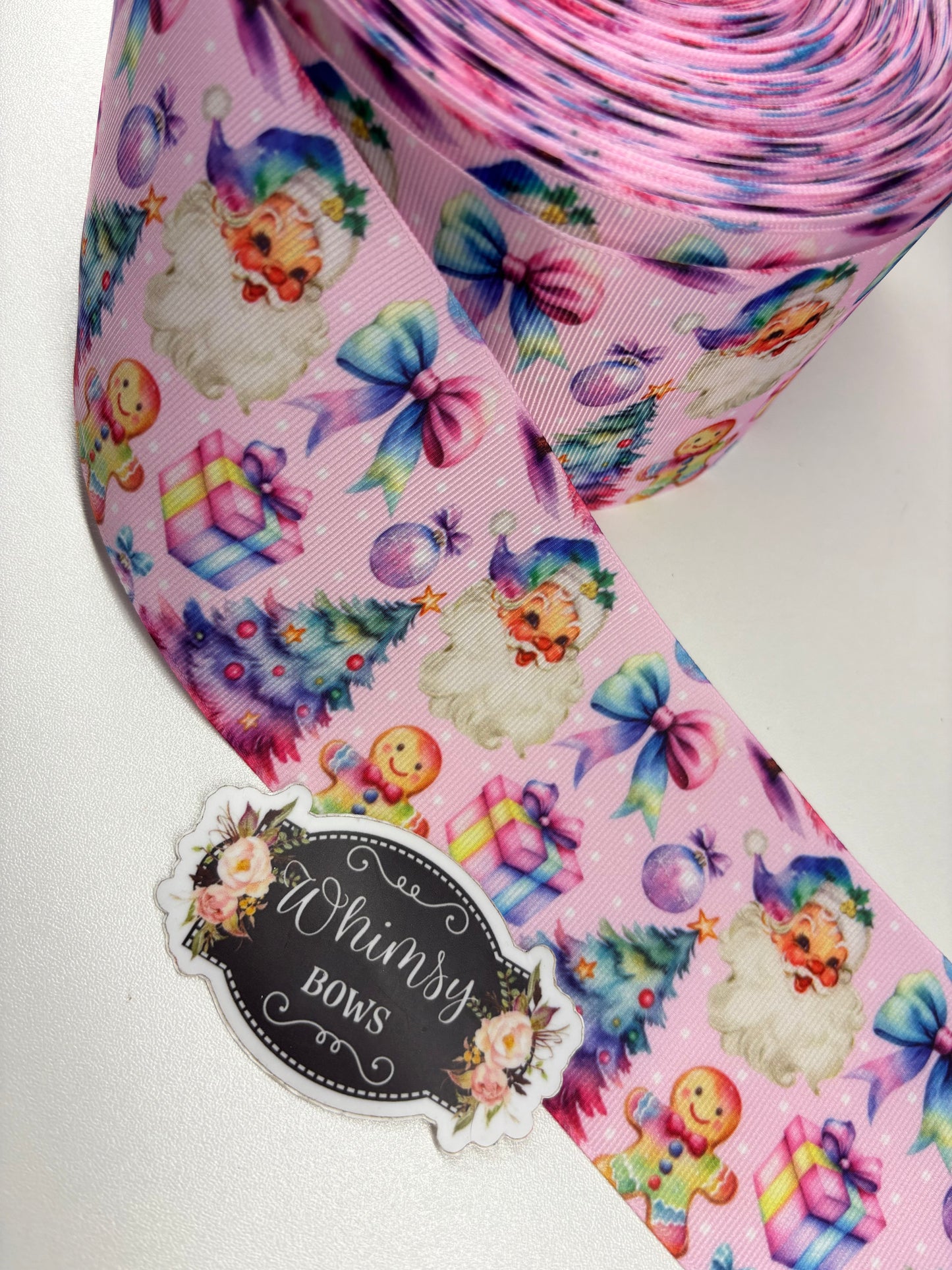 3 inch SANTA ON PINK GROSGRAIN RIBBON