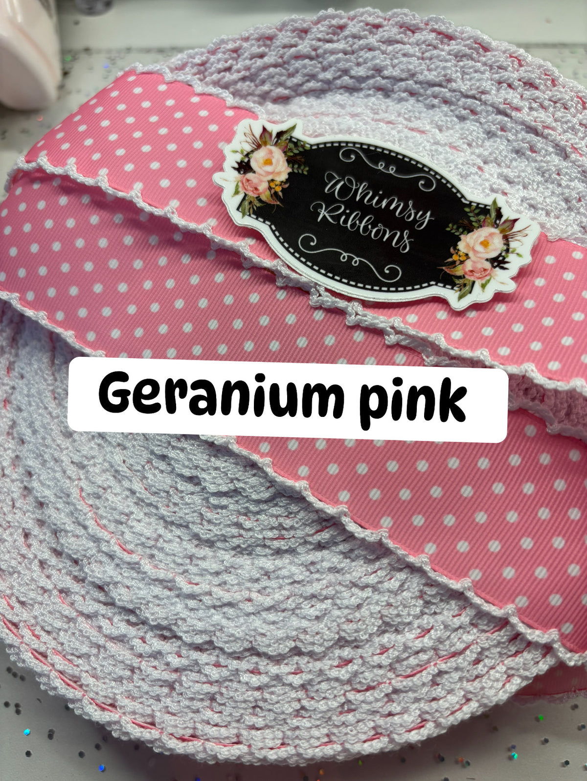 Geranium pink w white polka dot MOONSTICH