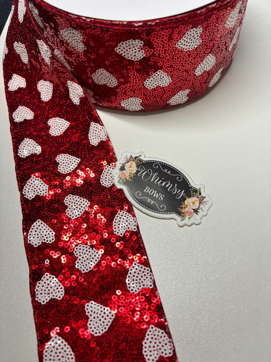 3 INCH SEQUIN WHITE HEARTS ON RED
