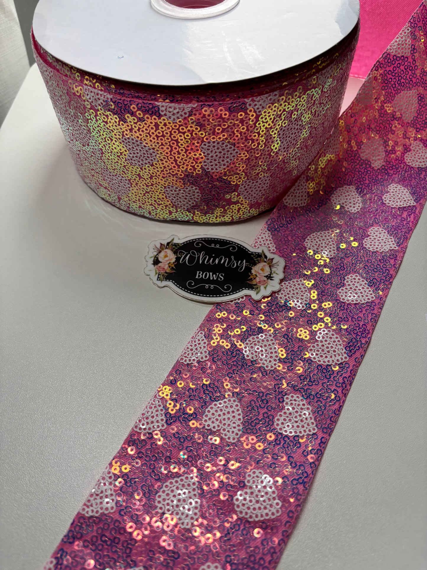 3 INCH SEQUIN WHITE HEARTS ON PINK