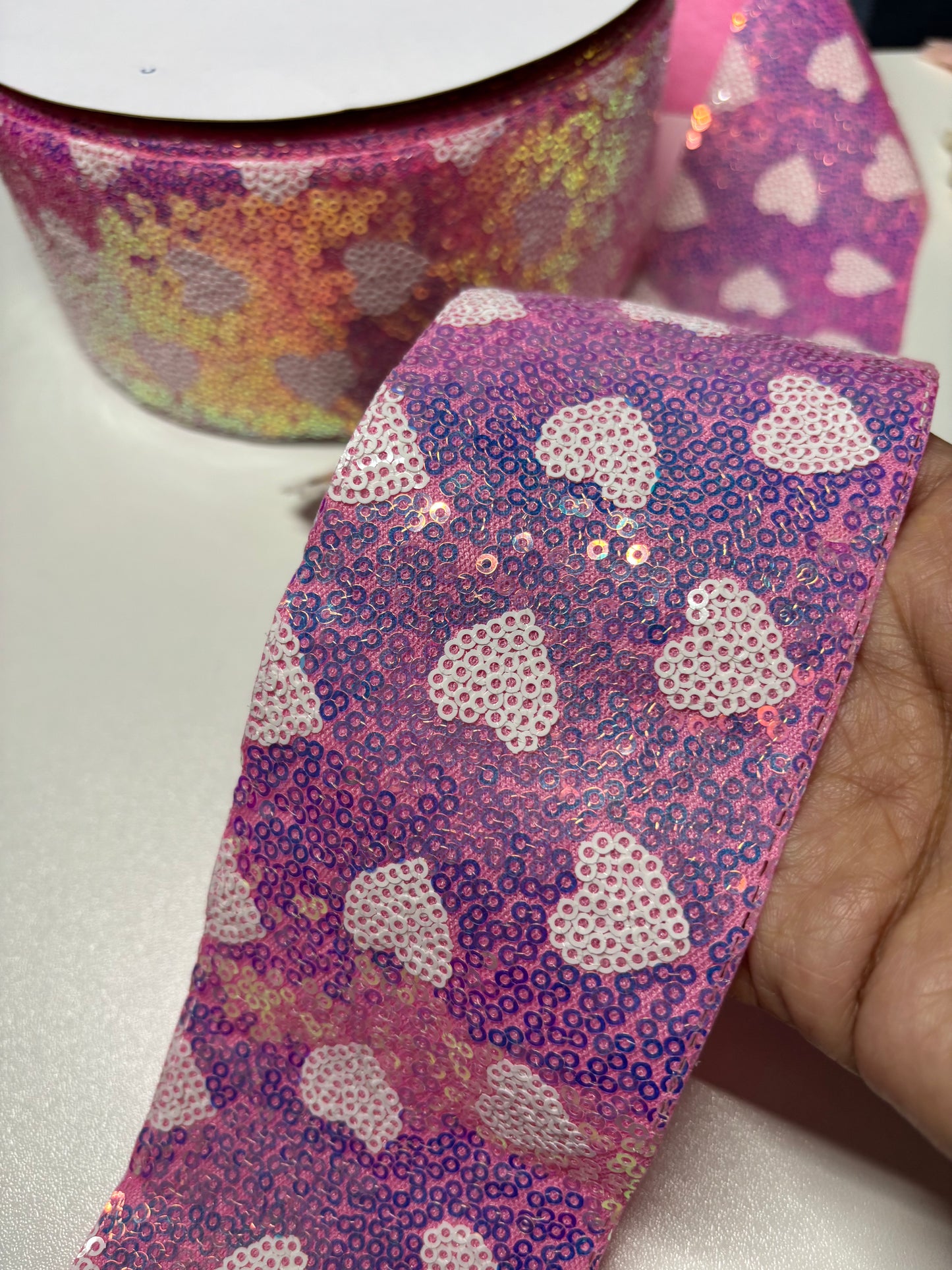 3 INCH SEQUIN WHITE HEARTS ON PINK