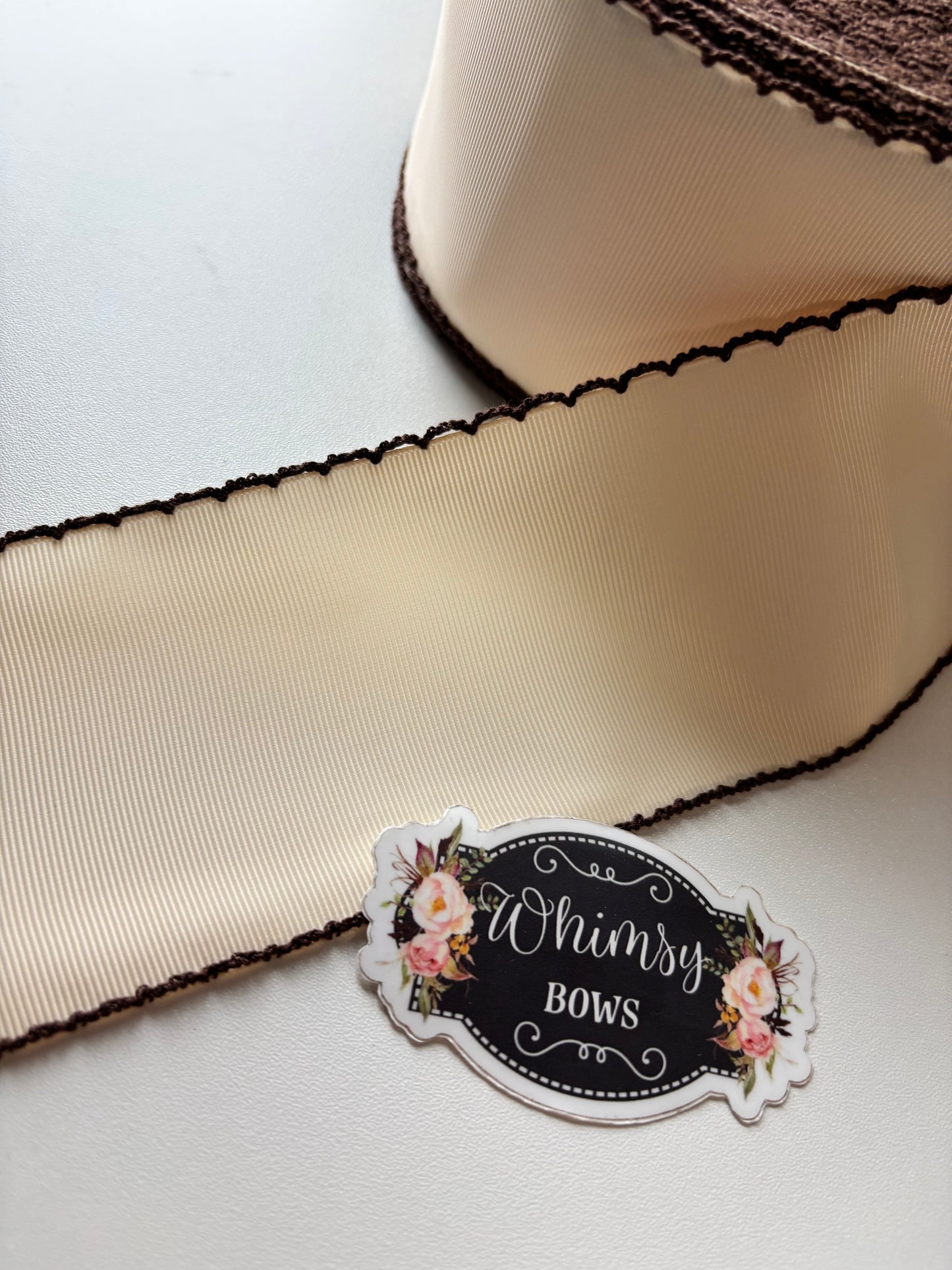 3 INCH CREAM W BROWN  MOONSTITCH RIBBON