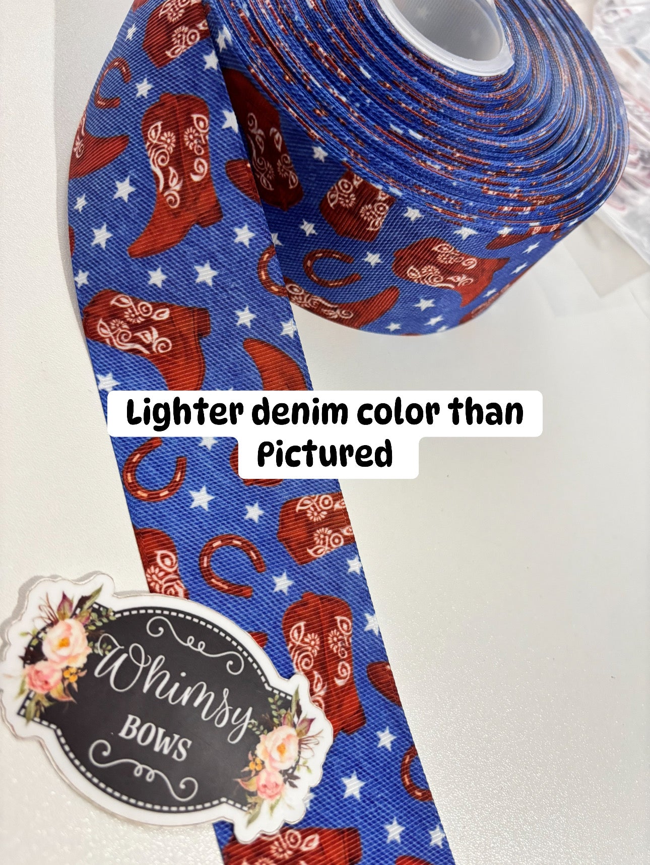 BOOTS ON DENIM COLORED RIBBON    2 inch Ribbon
