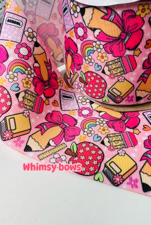 3 INCH PENCILW W BOW  AND SUPPLIES ON PINK
